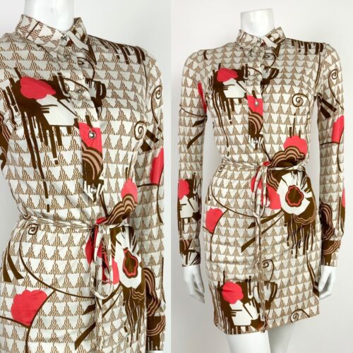 VTG 60s 70s WHITE BROWN RED PINK GEOMETRIC PSYCHDELIC ABSTRACT SHIRT DRESS 8 10