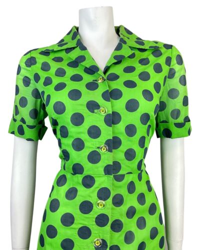 VINTAGE 60s 70s APPLE GREEN BLUE POLKA-DOT MOD DAGGER SHIRT DRESS 12 14