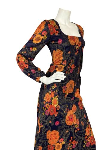 VTG 70S NAVY BLUE ORANGE FLORAL GOLD PAISLEY SQUARE NECK MAXI HIPPY DRESS 8
