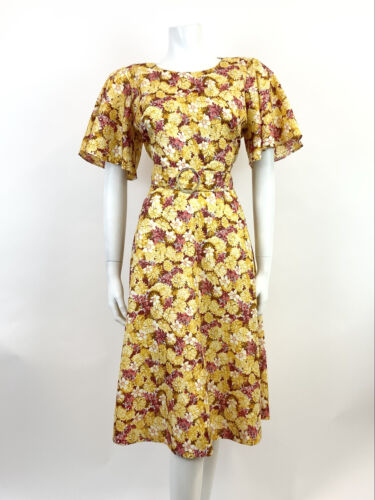 VTG 60s 70s YELLOW RED BROWN FLORAL PSYCHEDELIC BELL SLEEVE SWING DRESS 10 12