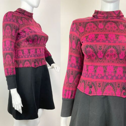 VTG 60s 70s PINK PURPLE BLACK PSYCHEDELIC FLORAL MOD TURTLENECK SCOOTER DRESS 16
