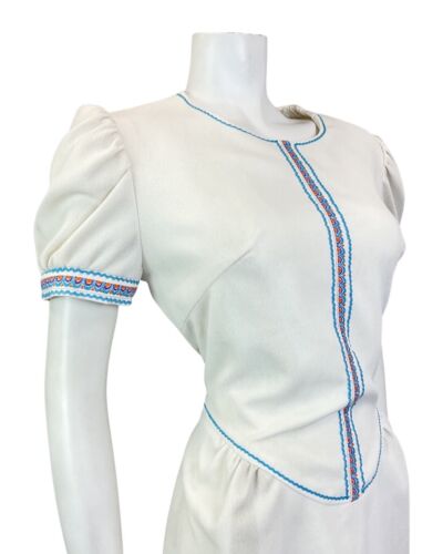 VTG 60s 70s WHITE BLUE ORANGE RIC-RAC EMBROIDERED MOD PUFF SLEEVE DRESS 12 14