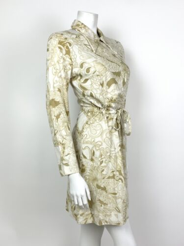 VINTAGE 60s 70s WHITE GOLD OLIVE FLORAL SWIRL DAGGER COLLAR BLOUSON DRESS 10 12