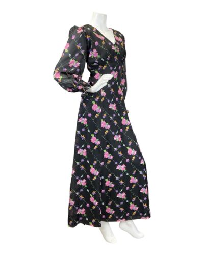 VINTAGE 60s 70s BLACK PINK PURPLE FLORAL VINE SHEER MAXI DRESS 12
