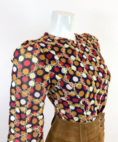 VTG 60s 70s BLUE GOLD RED ORANGE POLKA-DOT FLORAL EMBROIDERED SHEER BLOUSE 6 8