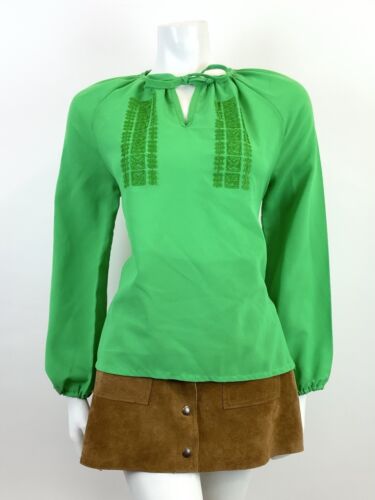 VINTAGE 60s 70s APPLE GREEN EMBROIDERED BOHO FOLK PEASANT BLOUSE TOP 12 14