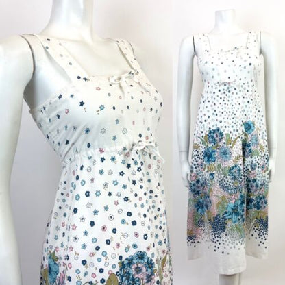 VTG 60s 70s WHITE BLUE PINK GOLD FLORAL DITSY EMPIRE LINE STRAPPY SUN DRESS 8