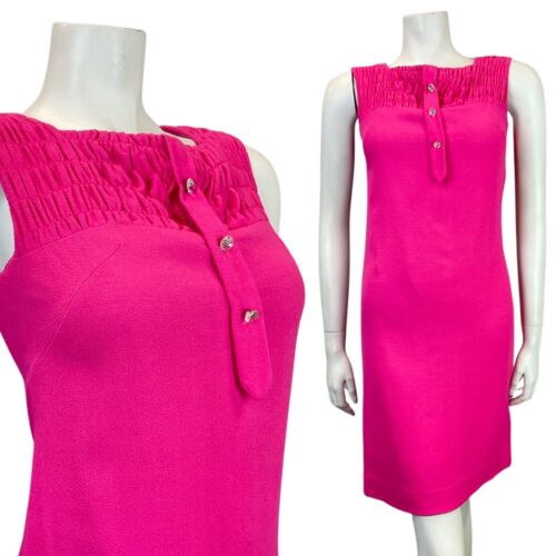 VINTAGE 60s 70s BARBIE PINK DIAMOND SHIRRED SLEEVELESS TUNIC MOD DRESS 4 6