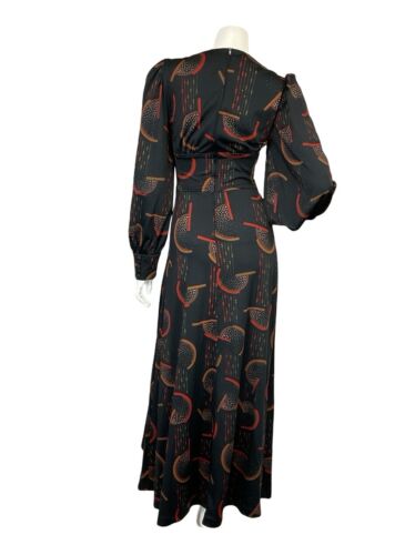 VTG 70S BLACK RED BROWN GEOMTRIC ROMNTIC BISHOP SLEEVE BASQUE WAIST MAXI DRESS 8