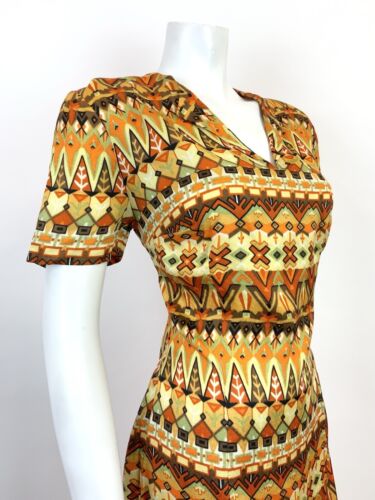 VTG 60s 70s YELLOW ORANGE GREEN BLACK GEOMETRIC AZTEC PSYCHEDELIC DRESS 12 14