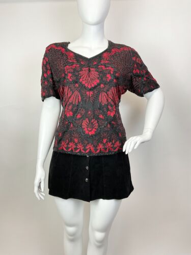 VTG 70s 80s BLACK RED FLORAL EMBROIDERED BEADED SEQUIN PARTY BLOUSE TOP 24 26