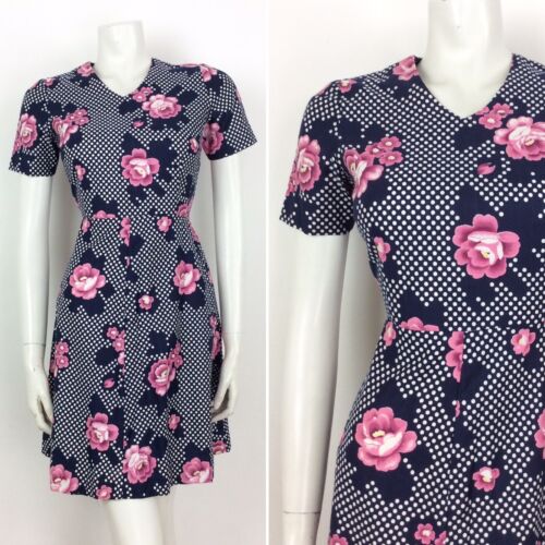 STUNNING VINTAGE 60S 70S POLKA DOT NAVY BLUE WHITE PINK FLORAL DRESS 8 10