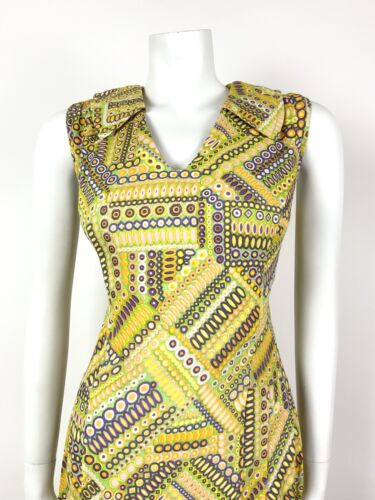 VTG 60s 70s YELLOW GREEN PURPLE PSYCHEDELIC GEOMETRIC SHIRT COLLAR DRESS 10