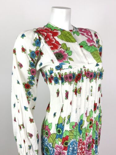 VTG 60s 70s WHITE PINK BLUE RED FLORAL EMPIRE LINE BOHO FOLK COTTON DRESS 8