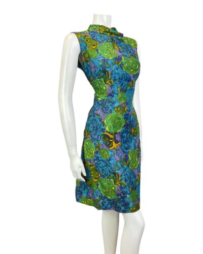 VINTAGE 60s 70s BLUE GREEN YELLOW FLORAL ROSE PSYCHEDELIC SLEEVELESS DRESS 14 16