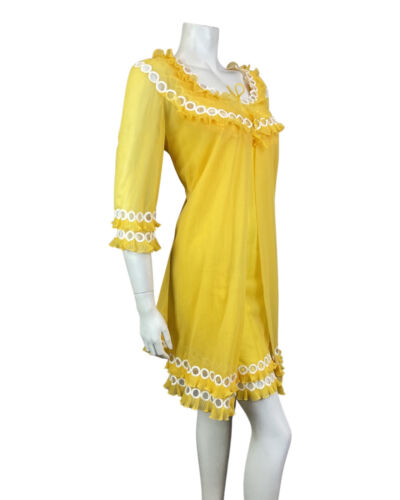 VTG 60s SUNSHINE YELLOW WHITE SHEER RUFFLED NIGHTGOWN HOUSECOAT CHEMISE DRESS 14