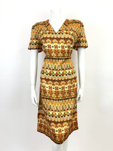 VTG 60s 70s YELLOW ORANGE GREEN BLACK GEOMETRIC AZTEC PSYCHEDELIC DRESS 12 14