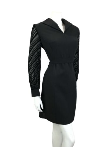 VTG 60S BLACK STRIPED BURNOUT VELVET SAILORS COLLAR BELTED LBD PARTY DRESS 14