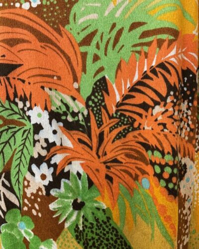 VINTAGE 70s YELLOW ORANGE GREEN PALM LEAF TROPICAL SLEEVELESS FLARED DRESS 8 10