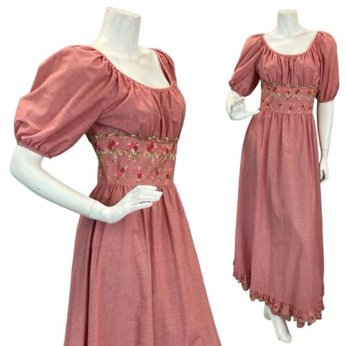 VTG 60s 70s VERA MONT RED GINGHAM CHECKED PRAIRIE COTTAGECORE MAXI DRESS 6 8