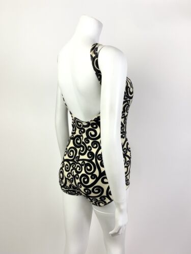 VTG 60s CREAM BLACK SWIRLING SCROLL MOD SWIM BODY BATHING SUIT 12 14