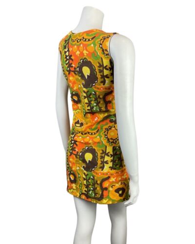 VTG 60s 70s YELLOW ORANGE GREEN PSYCHEDELIC FLORAL TERRY TOWELLING MOD DRESS 8