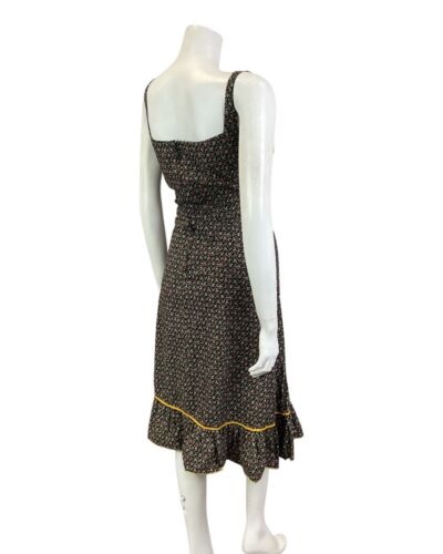 VINTAGE 70s BLACK WHITE PINK DITSY FLOWER PRAIRIE BOHO SUMMER SUN-DRESS 10