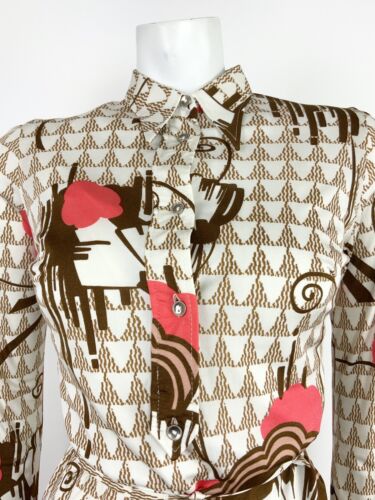 VTG 60s 70s WHITE BROWN RED PINK GEOMETRIC PSYCHDELIC ABSTRACT SHIRT DRESS 8 10