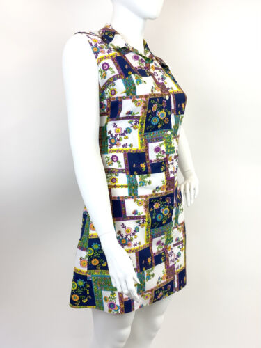 VTG 60s 70s WHITE BLUE PURPLE PATCHWORK FLORAL FOLK MOD DAGGER SHIRT DRESS 18 20