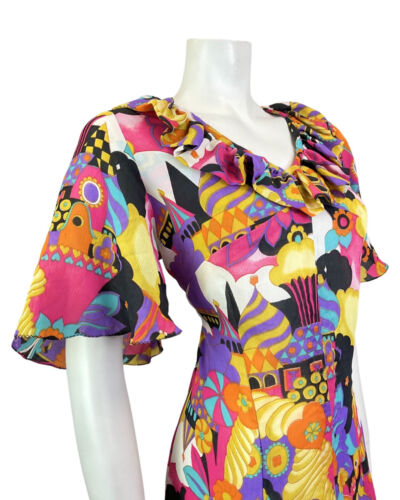 VINTAGE 60s 70s 90s PURPLE YELLOW BLACK PSYCHEDELIC CASTLE FANTASY MOD DRESS 14