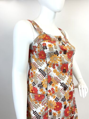 VTG 60s 70s WHITE ORANGE BROWN FLORAL DOTTY PSYCHEDELIC PINAFORE APRON DRESS 14