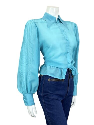 VTG 70S BRIGHT BLUE DAGGER COLLAR BISHOP SLEEVE ELASTICATED WAIST SHIRT S 8 10