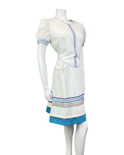 VTG 60s 70s WHITE BLUE ORANGE RIC-RAC EMBROIDERED MOD PUFF SLEEVE DRESS 12 14