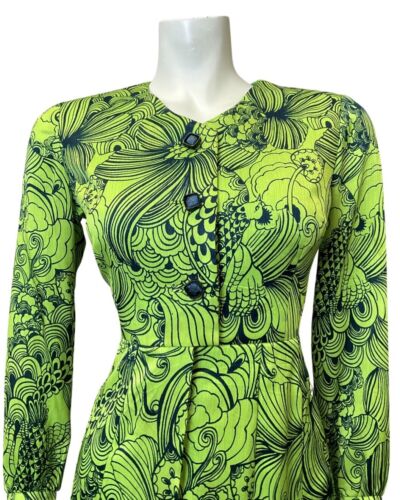 VINTAGE 60s 90s LIME GREEN BLUE PSYCHEDELIC LEAFY FLORAL LONG SLEEVE DRESS 8 10
