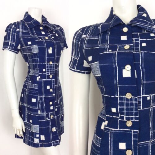 VINTAGE 60s 70s NAVY BLUE SHIRT DRESS GEOMETRIC WHITE SQUARES 8 10