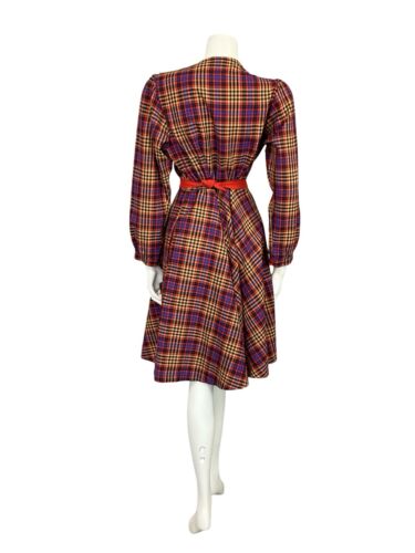 VTG 60S 70S RED BLUE YELLOW TARTAN GRIDDED TAILORED SHIRT DRESS WITH BELT 10 12