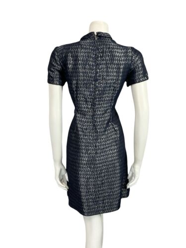 VTG 60S NAVY BLUE STEEL GREY SHINY DIAMOND GEOMETRIC MOD PARTY MINI DRESS 12