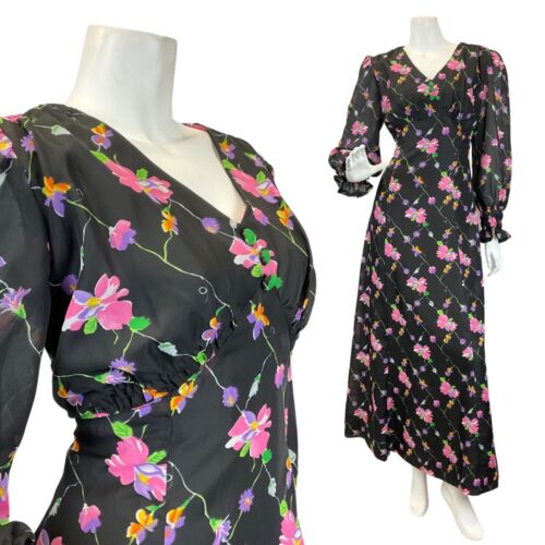 VINTAGE 60s 70s BLACK PINK PURPLE FLORAL VINE SHEER MAXI DRESS 12