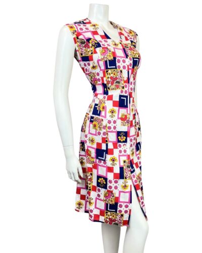 VINTAGE 60s 70s WHITE RED BLUE FLORAL GEOMETRIC PATCHWORK SLEEVELESS DRESS 12 14