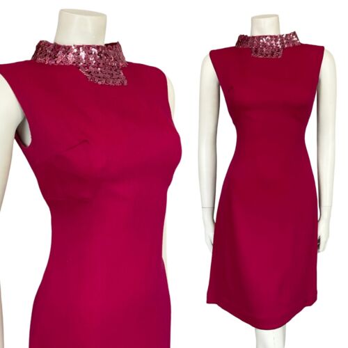 VTG 60S MOD RASPBERRY PINK SEQUIN COLAR SLEEVELESS SHIFT MINI PARTY DRESS S 8 10