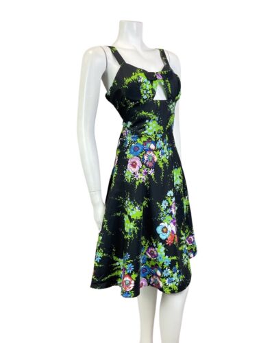 VINTAGE 60s 70s BLACK GREEN BLUE FLORAL BOUQUET CUT-OUT SUMMER SUN-DRESS 12