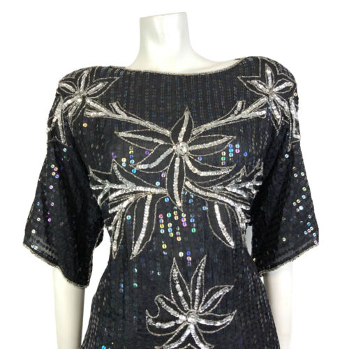 VTG 70s 80s BLACK SILVER FLORAL SEQUIN BEADED DISCO PARTY STUDIO 54 TOP 20 22