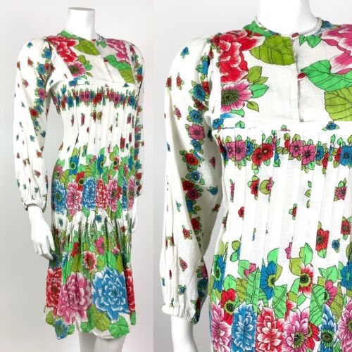 VTG 60s 70s WHITE PINK BLUE RED FLORAL EMPIRE LINE BOHO FOLK COTTON DRESS 8