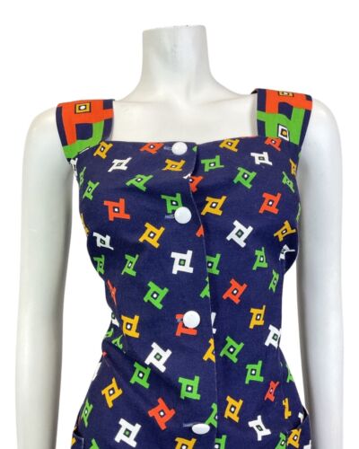 VINTAGE 60s 70s BLUE RED GREEN GEOMETRIC MOD SLEEVELESS DRESS 14