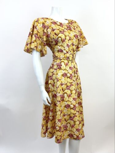 VTG 60s 70s YELLOW RED BROWN FLORAL PSYCHEDELIC BELL SLEEVE SWING DRESS 10 12