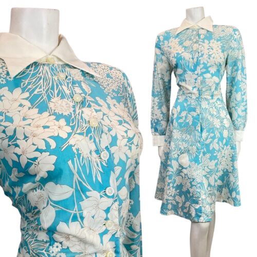 VINTAGE 60s 70s BABY BLUE WHITE FLORAL LEAFY MOD DAGGER SHIRT SWING DRESS 14 16