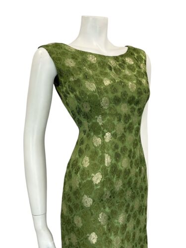 VTG 60S GREEN GOLD BROCADE BOAT NECK SLEEVELESS PARTY WIGGLE MIDI DRESS 8 10