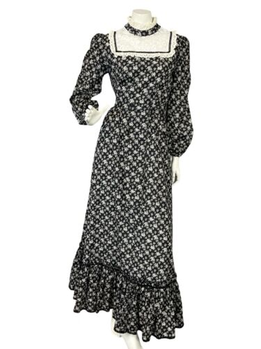 VTG 70S BLACK WHITE LACE DAINTY FLORAL EDWARDIAN PRAIRIE COTTAGE DRESS S 8 10