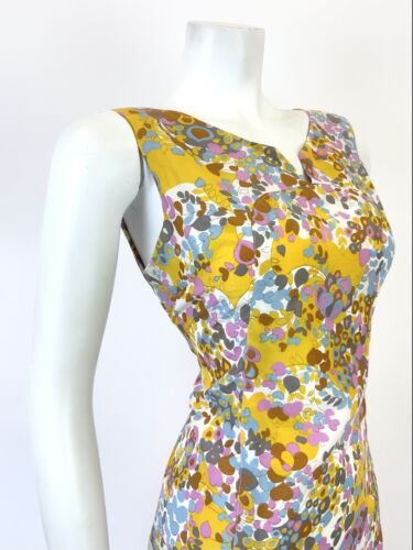 VTG 60s 70s WHITE PINK YELLOW BLUE PSYCHEDELIC FLORAL SLEEVELESS MOD DRESS 12 14