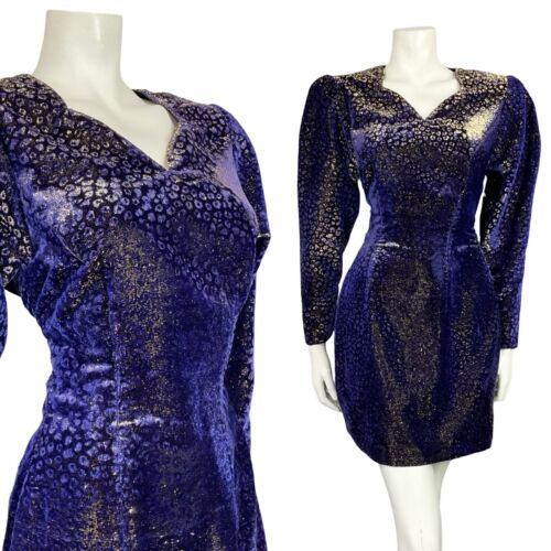 VTG 70S BLUE PURPLE GOLD LUREX VELVET MUTTON SLEEVE SWEETHEART PARTY DRESS 6